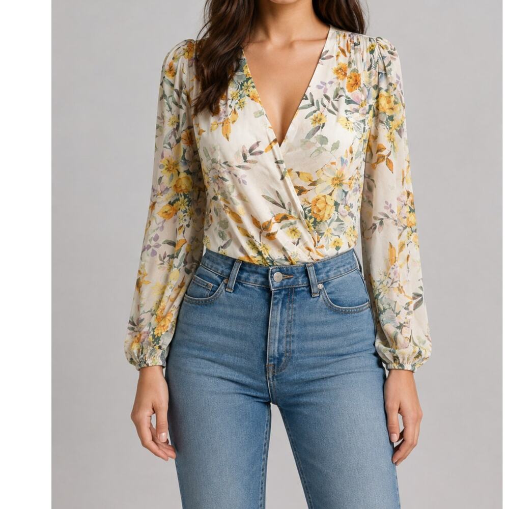Generation Love Bodysuit Ivory Floral Wrap V Neck Puff Sleeve Boho Romantic XS